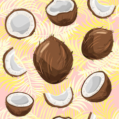 Modern seamless tropical pattern with coconut and palm leaves. Creative contemporary floral collage. Texture for textile, postcard, wrapping paper, packaging etc. Vector illustration.