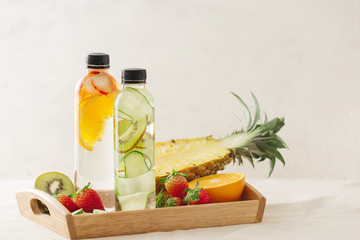 Variety of infused detox water isolated on white, health concept