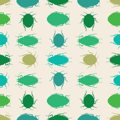 Green silhouette beetles on a cream background. A seamless vector repeat of bugs in rows.
