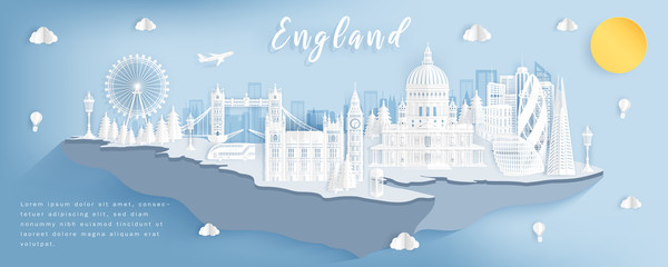Famous Travel Landmark and Attraction in England, Postcard, Poster, Banner, Cover Image, Advertising Template, Object and Element in Paper Cut and 3D Panorama Background Vector Illustration