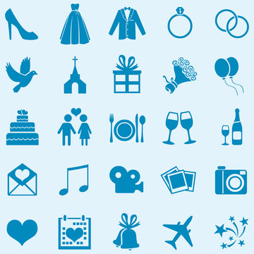 Vector Set of 25 Blue Wedding Icons