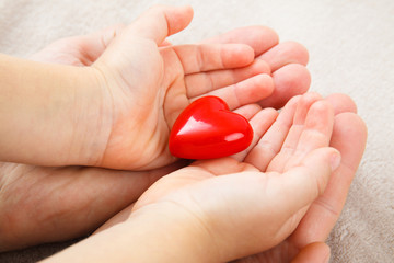adult and child hands holding red heart