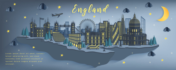 Famous Travel Landmark and Attraction in England at Night, Postcard, Poster, Banner, Cover Image, Advertising Template, Object and Element in Paper Cut Style Panorama Background Vector Illustration