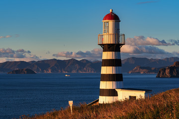 Petropavlovsky Lighthouse (founded in 1850) located on Kamchatka Peninsula on shore of Avacha Gulf...
