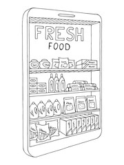 Mobile phone grocery shelves graphic black white isolated sketch illustration vector