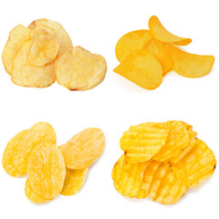 Set of potato chips close-up on an isolated white background