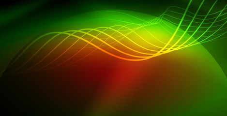 Glowing abstract wave on dark, shiny motion, magic space light. Techno abstract background