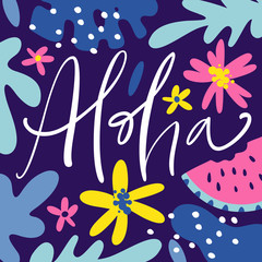 Fototapeta na wymiar Aloha hand drawn lettering with tropical plants, leaves and flowers. Vector illustration.