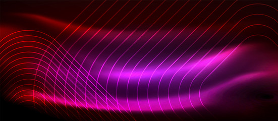 Neon glowing techno lines, hi-tech futuristic abstract background template with square shapes