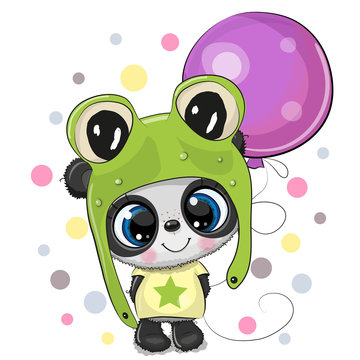Greeting card Cute Cartoon Panda in a frog hat with balloon