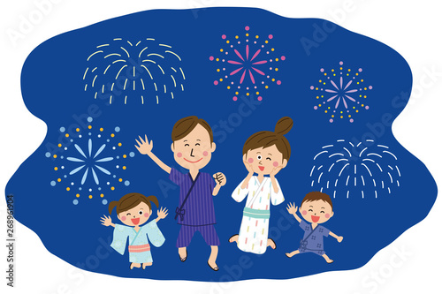 ポップな家族 浴衣を着て元気にジャンプ 夜の花火 Wall Mural Yoshidaakiko1223 ポップな家族 浴衣を着て元気にジャンプ 夜の花火 Wall Mural Yoshidaakiko1223