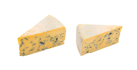 Piece of Blue Cheese on White Background Close Up
