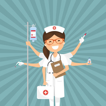 Nurse Multitasking On A Retro Background