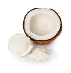 Fototapeta na wymiar Tasty coconut ice cream on white background
