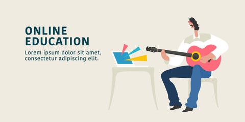 Online education concept vector illustration. Man learning guitar through internet