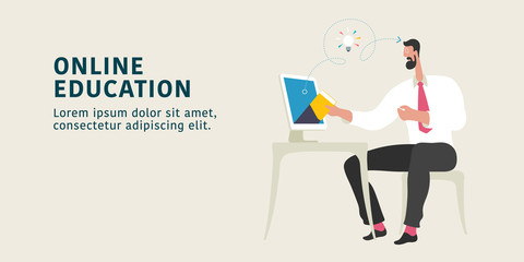 Online education concept vector illustration. Young man in front of computer, taking web training