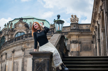Woman in Old Europe, vacation and travelling time. Vintage style in clothes and view. Trip in...