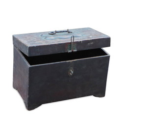 Closeup antique wooden box and lid on white background, vintage, object, copy space