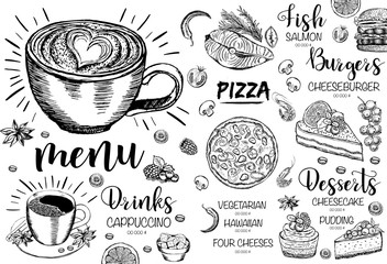 Restaurant cafe menu, template design. Hand drawn.