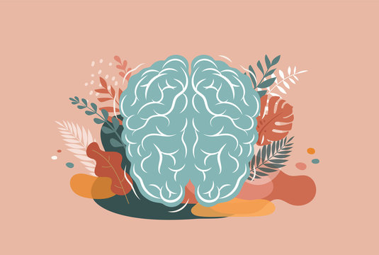 Brain, mind and mindfulness concept illustration. Vector background and poster with leaves and nature
