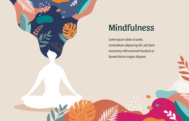 Mindfulness, meditation and yoga background in pastel vintage colors - women sitting with crossed legs and meditating. Vector illustration
