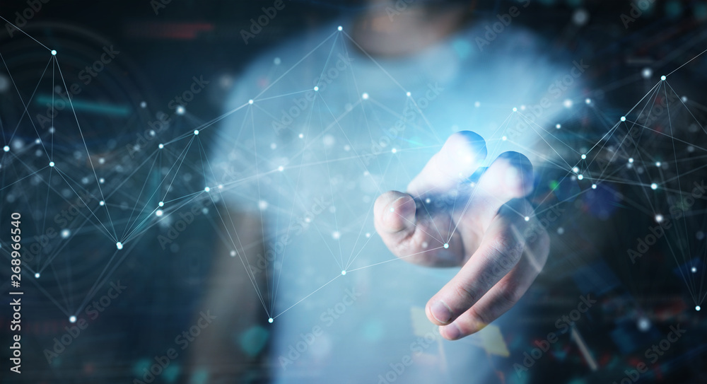 Poster businessman using floating digital network connections with dots and lines 3d rendering