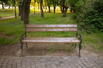 Empty wooden bench in the city park front view. 