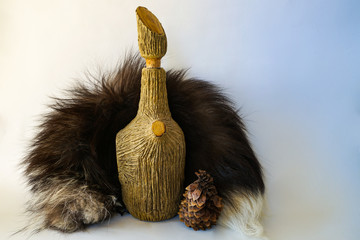 A gift from Siberia. Forest strong tincture in the original bottle, warm fluffy collar, pine cone