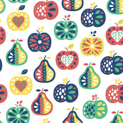 Apple and pear seamless pattern. Fruit background. Vector illustration. Wrapping. Surface design.