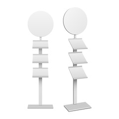 Blank Empty Show Box Holder For Fliers, LeafletsRetail. Shelves Floor Display Rack For Supermarket, Bank. Mock Up. 3D On White Background Isolated. Ready For Your Design. Product Advertising. Vector