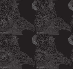 Vector black background with drawn eagles. Seamless texture