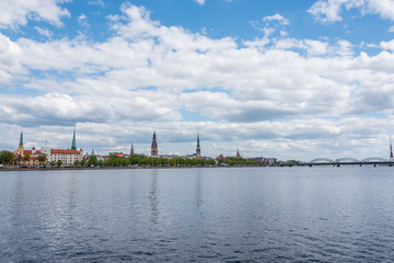 River and Cityscape of Riga Latvia on a Partly Cloudy Day
