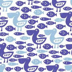 Pelican and fish seamless pattern. Surface decoration for kid design.Vector illustration. Cloth background, wallpaper, wrapping.