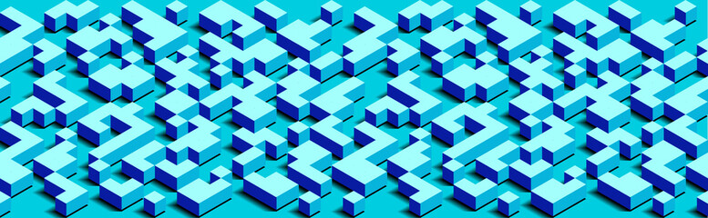Abstract Isometric Modern Horizontal Pixel Background. 3D Geometric Composition. Blue Texture. Spatial Figures, Cubes, Parallelepipeds. Creative Template For Advertising Poster, Cover, Banner