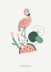 Watermelon fruity flamingo exotic tropical jungle poster illustration. Rainforest wildlife inspired drawing for summer design.