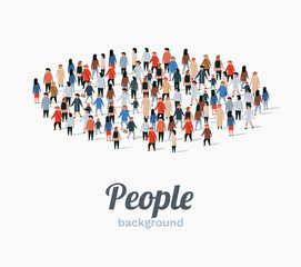 Template for advertising brochure with people crowd in shape of circle.