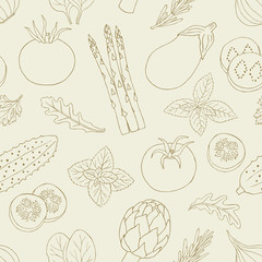Vegetables and herb seamless pattern. Surface hand drawn rustic decoration with tomato, asparagus, spice, artichoke, eggplant, onion .Vector illustration.