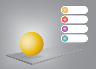 Infographic showing 3d gray desk on the gray background with golden ball. Four white numbered labels are ready for your text.