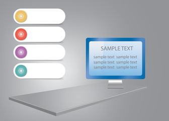 Infographic showing 3d gray desk on the gray background with PC screen ready for your text. Four white numbered labels are ready for your text. All potential trademarks are removed. 