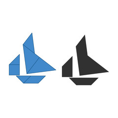 Boat Tangram. Traditional Chinese dissection puzzle, seven tiling pieces - geometric shapes: triangles,