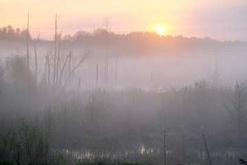 Landscape with the image of fog on lake Seliger in Russia