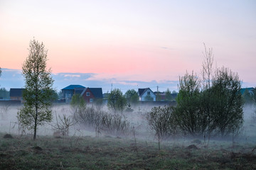 Fototapeta premium Landscape with the image of fog on lake Seliger in Russia