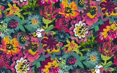 Gordijnen Vector seamless pattern with plants, leaves and flower bouquets with hand painted texture. © Andrei