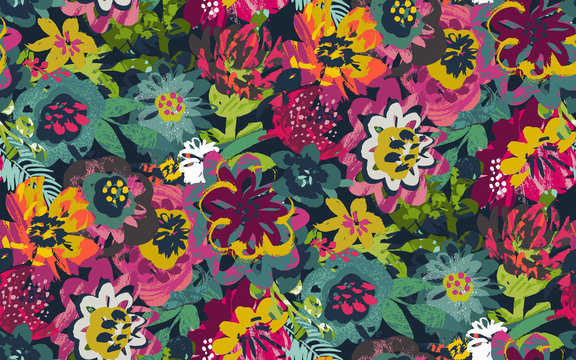Vector seamless pattern with plants, leaves and flower bouquets with hand painted texture.