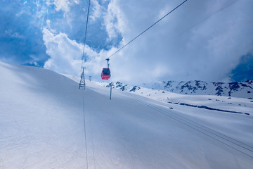 Gulmarg World's highest gondola ride one of main attractions travel destination tourism summit to enjoy activities like skiing, ski bikes, sledging, snow mobile in Srinagar, Jammu and Kashmir, India © pomphotothailand
