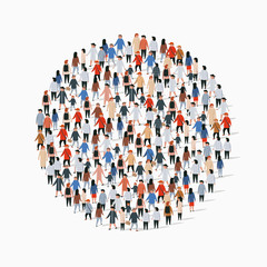 Template for advertising brochure with people crowd in shape of circle.