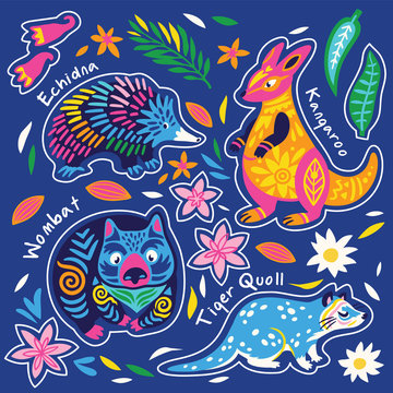 Sticker set of decorative australian animals. Vector illustration © penguin_house