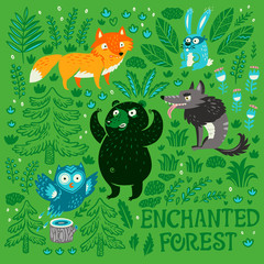 Collection of hand drawn cartoon forest animals and plants.