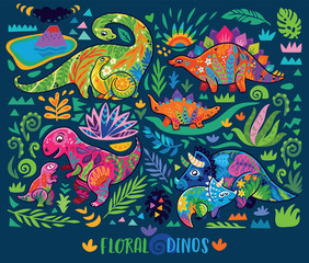 Little dinosaurs with moms decorated floral element. Vector illustration
