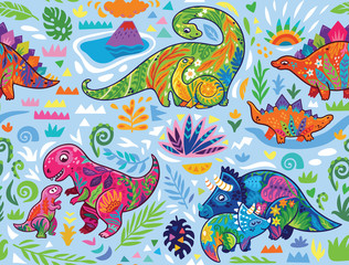 Cute seamless pattern with mom and baby dinosaurs and tropical plants. Vector illustration